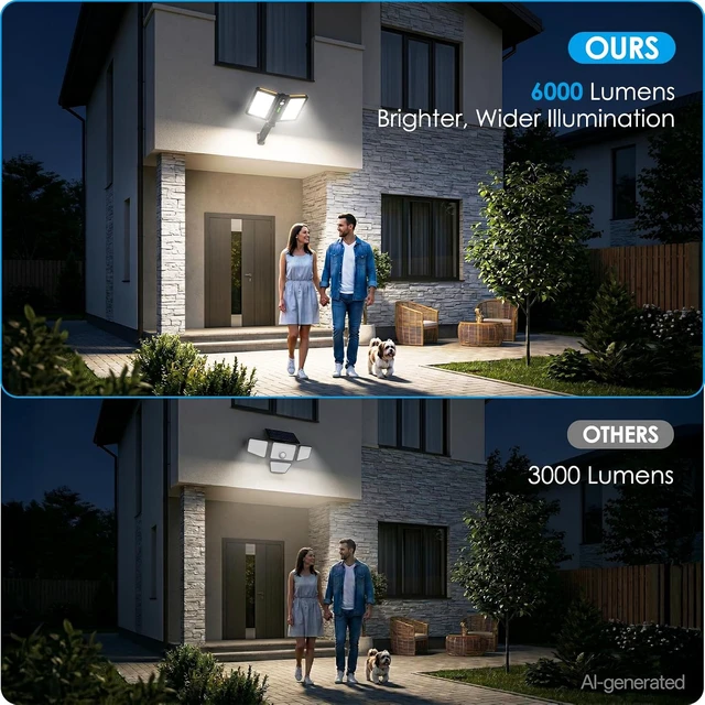 Alt view image 2 of 7 - 6000LM Solar Motion Sensor Light with Double Panels, 218 LEDs, IP65 Waterproof 5 Modes Flood Light for Garden & Street
