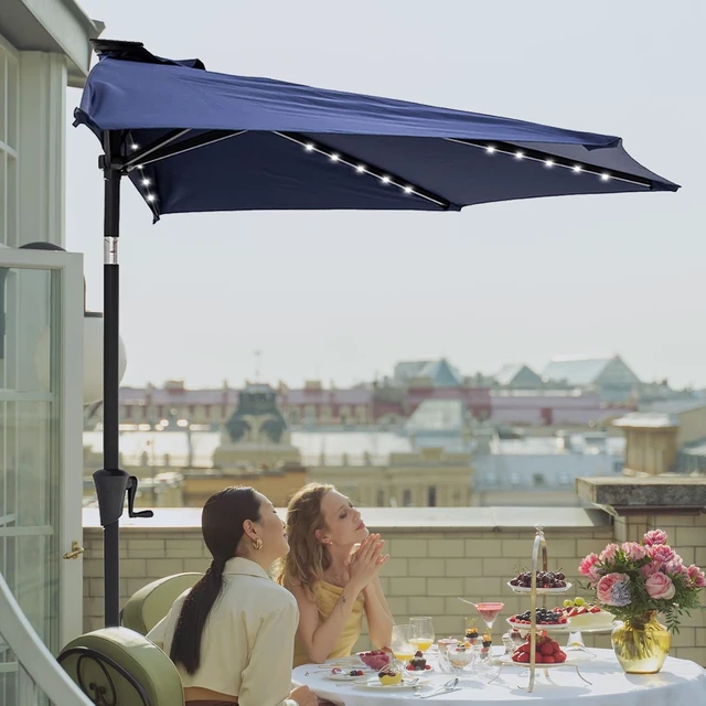 Alt view image 7 of 7 - 9 ft Half-Round Outdoor Wall Umbrella with Solar LED Lights & Tilt