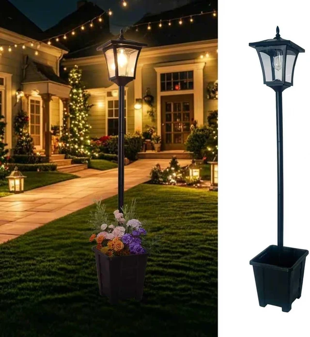 Main image of Black Solar Lamp Post with Planter, Adjustable Height