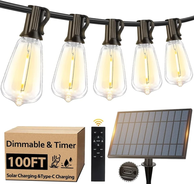 Main image of 100FT Waterproof Solar String Lights with 52 LED Edison Bulbs