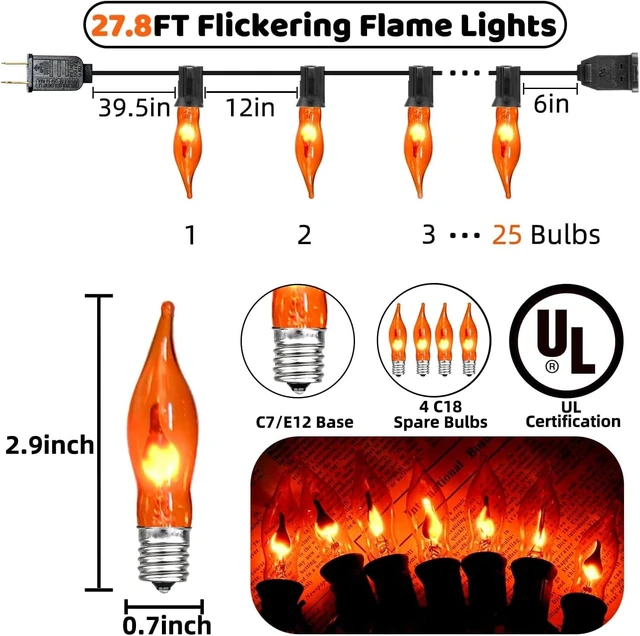Alt view image 2 of 7 - 27.8Ft Flickering Flame String Lights, 25+4 Pack C7 Orange Flame Bulbs for Halloween, Fall, Home Party, Patio & Garden