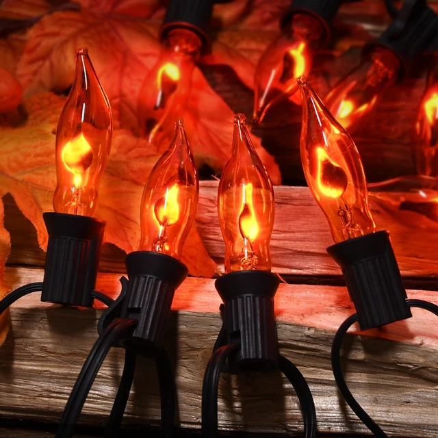 Alt view image 3 of 7 - 27.8Ft Flickering Flame String Lights, 25+4 Pack C7 Orange Flame Bulbs for Halloween, Fall, Home Party, Patio & Garden