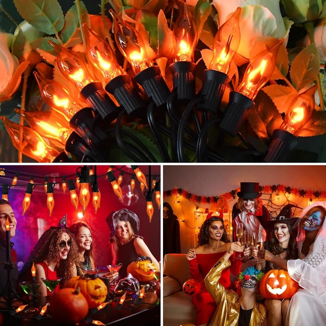 Alt view image 4 of 7 - 27.8Ft Flickering Flame String Lights, 25+4 Pack C7 Orange Flame Bulbs for Halloween, Fall, Home Party, Patio & Garden