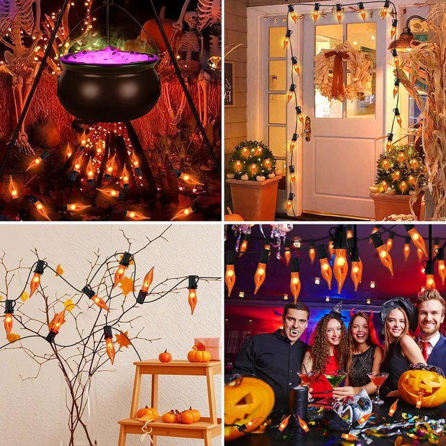 Alt view image 5 of 7 - 27.8Ft Flickering Flame String Lights, 25+4 Pack C7 Orange Flame Bulbs for Halloween, Fall, Home Party, Patio & Garden