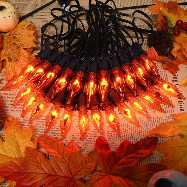 Alt view image 6 of 7 - 27.8Ft Flickering Flame String Lights, 25+4 Pack C7 Orange Flame Bulbs for Halloween, Fall, Home Party, Patio & Garden