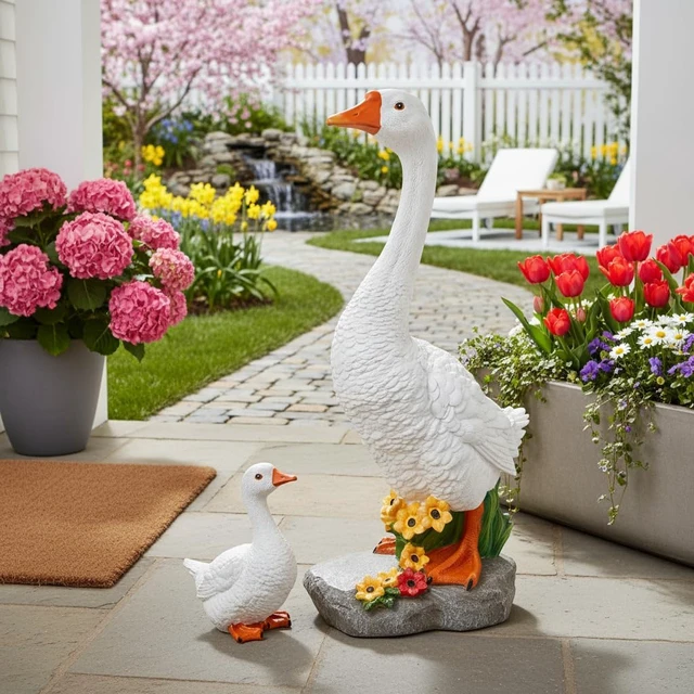 Alt view image 7 of 7 - 20-Inch Mom & Baby Goose Garden Statue, Big Resin Porch & Yard Décor, Outdoor Geese Figurine, 2 Pack, Gift for Mom
