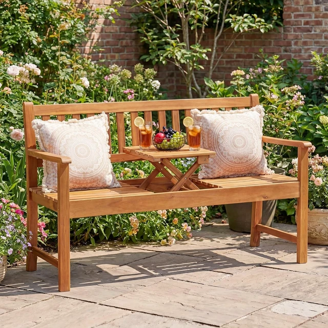 Alt view image 2 of 7 - Acacia Wood 2-Person Garden Bench with Pull-Out Table