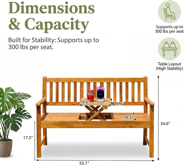Alt view image 3 of 7 - Acacia Wood 2-Person Garden Bench with Pull-Out Table