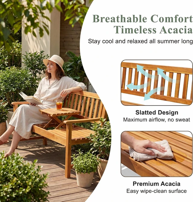 Alt view image 5 of 7 - Acacia Wood 2-Person Garden Bench with Pull-Out Table
