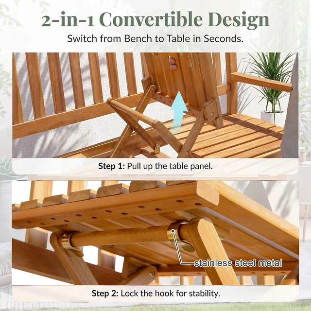 Alt view image 4 of 7 - Acacia Wood 2-Person Garden Bench with Pull-Out Table