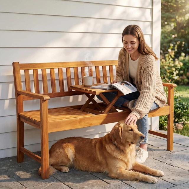 Alt view image 7 of 7 - Acacia Wood 2-Person Garden Bench with Pull-Out Table