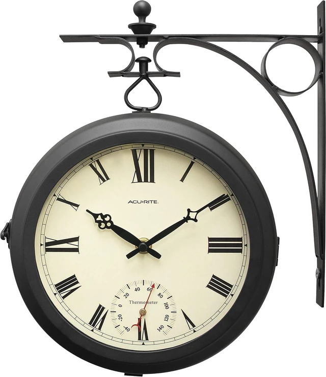 Main image of 9-Inch Indoor/Outdoor Double-Sided Hanging Clock with 360° Spin, Iron Frame, Glass Lens & Quartz Movement, Weatherproof Thermometer (75140M), Black