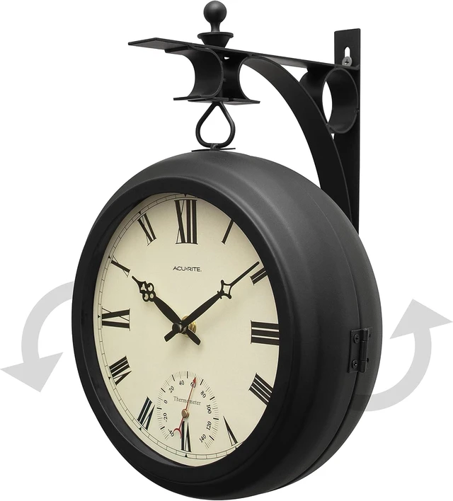 Alt view image 2 of 6 - 9-Inch Indoor/Outdoor Double-Sided Hanging Clock with 360° Spin, Iron Frame, Glass Lens & Quartz Movement, Weatherproof Thermometer (75140M), Black