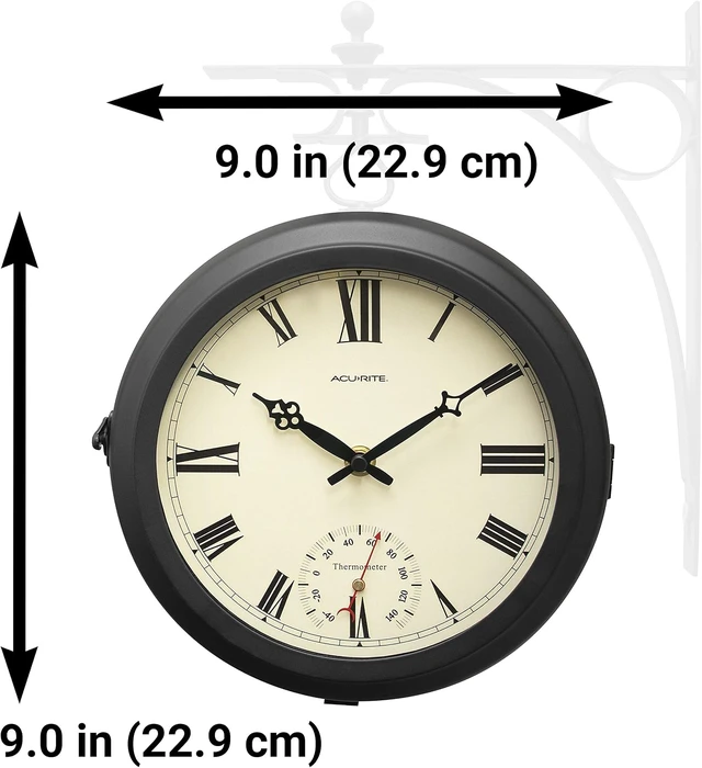 Alt view image 4 of 6 - 9-Inch Indoor/Outdoor Double-Sided Hanging Clock with 360° Spin, Iron Frame, Glass Lens & Quartz Movement, Weatherproof Thermometer (75140M), Black