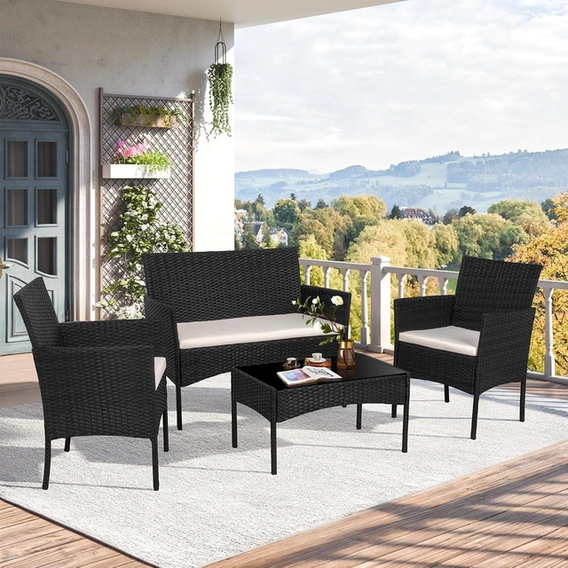 Main image of Black 4-Piece Wicker Patio Conversation Set with Tempered Glass Coffee Table, Rattan Chairs for Backyard, Porch, Garden & Poolside