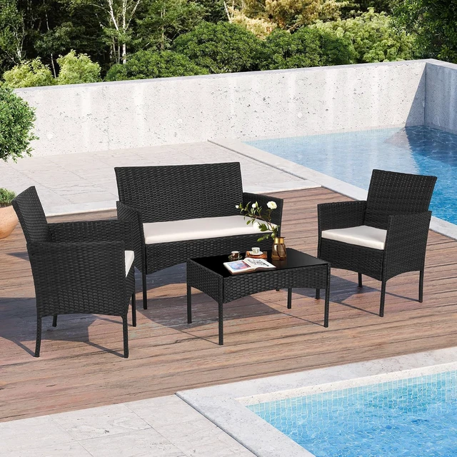 Alt view image 2 of 7 - Black 4-Piece Wicker Patio Conversation Set with Tempered Glass Coffee Table, Rattan Chairs for Backyard, Porch, Garden & Poolside