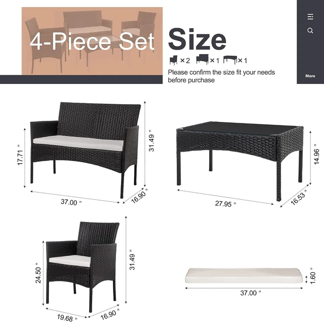 Alt view image 3 of 7 - Black 4-Piece Wicker Patio Conversation Set with Tempered Glass Coffee Table, Rattan Chairs for Backyard, Porch, Garden & Poolside
