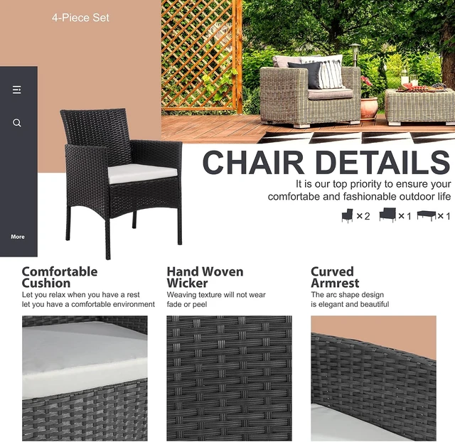 Alt view image 5 of 7 - Black 4-Piece Wicker Patio Conversation Set with Tempered Glass Coffee Table, Rattan Chairs for Backyard, Porch, Garden & Poolside