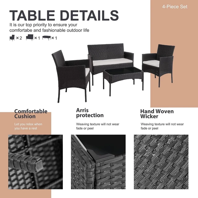 Alt view image 6 of 7 - Black 4-Piece Wicker Patio Conversation Set with Tempered Glass Coffee Table, Rattan Chairs for Backyard, Porch, Garden & Poolside