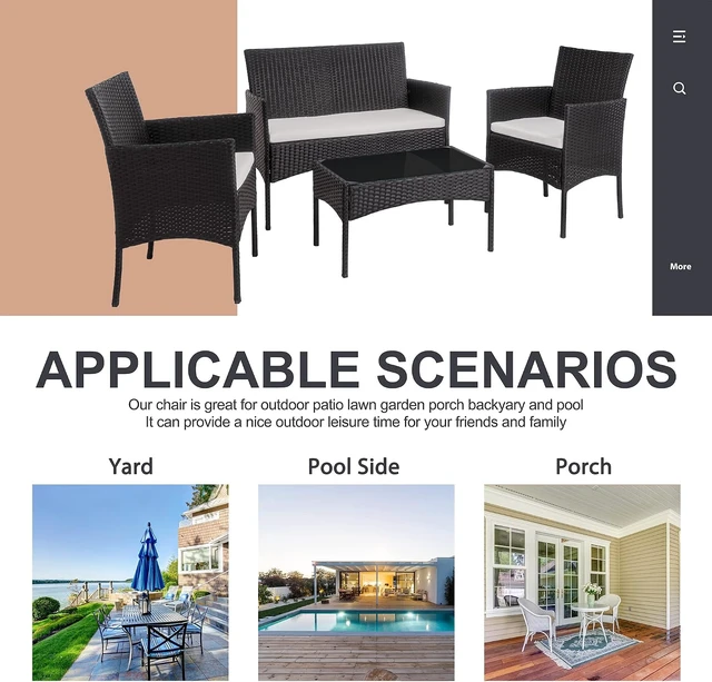 Alt view image 4 of 7 - Black 4-Piece Wicker Patio Conversation Set with Tempered Glass Coffee Table, Rattan Chairs for Backyard, Porch, Garden & Poolside