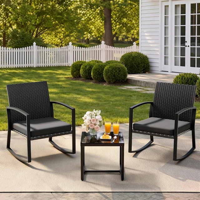 Main image of 3-Piece Rocking Bistro Set with Reinforced Steel Frame, All-Weather Rattan Chairs & Tempered Glass Table for Garden, Yard & Balcony, Medium Gray