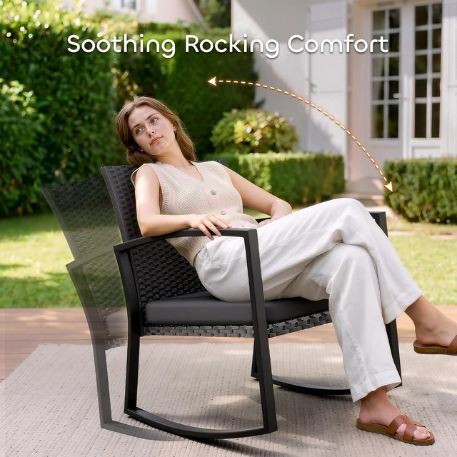 Alt view image 2 of 7 - 3-Piece Rocking Bistro Set with Reinforced Steel Frame, All-Weather Rattan Chairs & Tempered Glass Table for Garden, Yard & Balcony, Medium Gray