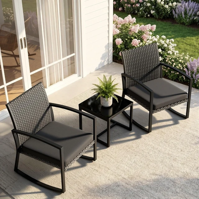 Alt view image 3 of 7 - 3-Piece Rocking Bistro Set with Reinforced Steel Frame, All-Weather Rattan Chairs & Tempered Glass Table for Garden, Yard & Balcony, Medium Gray