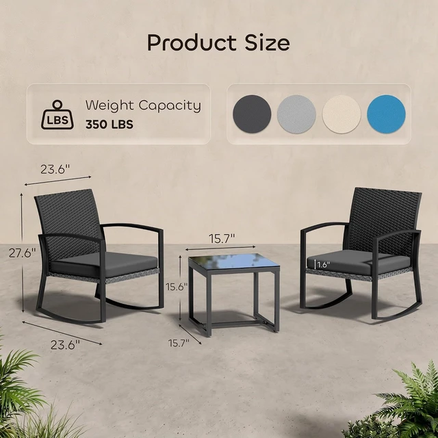 Alt view image 4 of 7 - 3-Piece Rocking Bistro Set with Reinforced Steel Frame, All-Weather Rattan Chairs & Tempered Glass Table for Garden, Yard & Balcony, Medium Gray
