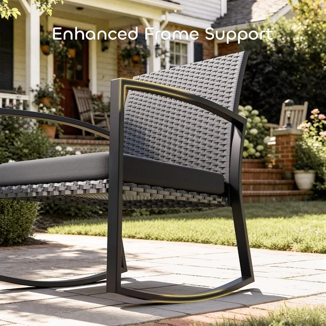 Alt view image 5 of 7 - 3-Piece Rocking Bistro Set with Reinforced Steel Frame, All-Weather Rattan Chairs & Tempered Glass Table for Garden, Yard & Balcony, Medium Gray