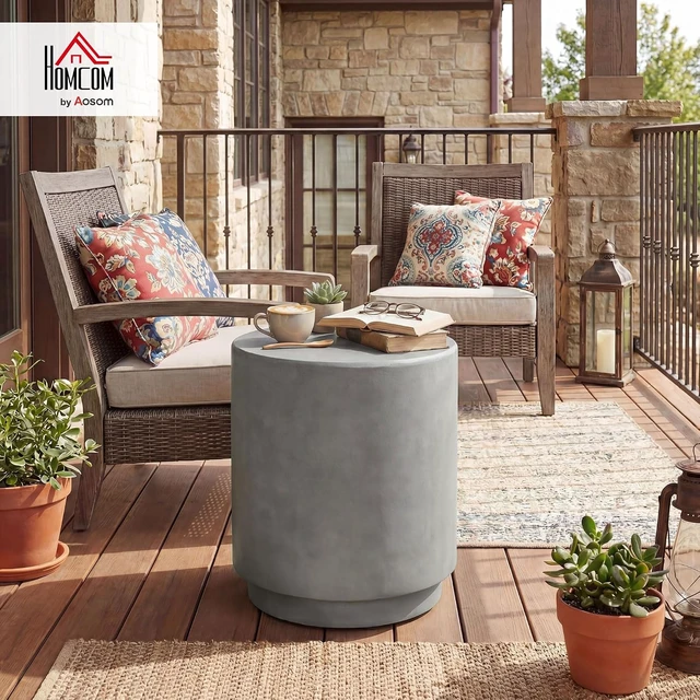 Alt view image 2 of 7 - Light Gray Round Outdoor Side Table, Concrete-Finish Small End Table