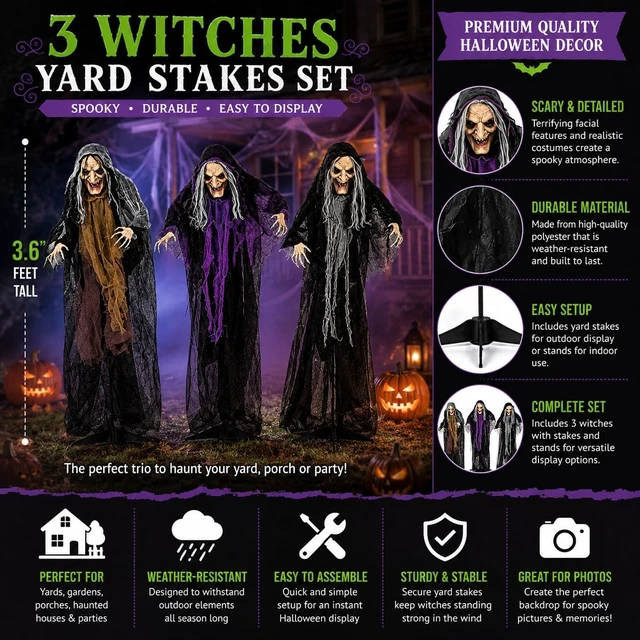 Alt view image 3 of 7 - 3.6ft Halloween Witches Outdoor Yard Stakes Decor, 3pc