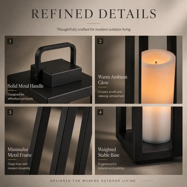 Alt view image 4 of 7 - H16 Modern Outdoor Solar Lantern Black Metal Frame Sconce with Flickering LED Candle, Waterproof & Portable for Patio, Deck or Pathway, Warm LED