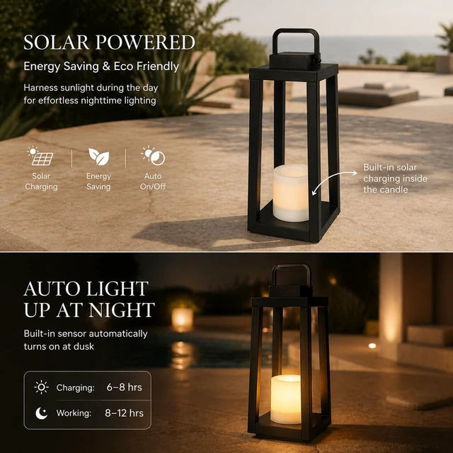 Alt view image 5 of 7 - H16 Modern Outdoor Solar Lantern Black Metal Frame Sconce with Flickering LED Candle, Waterproof & Portable for Patio, Deck or Pathway, Warm LED