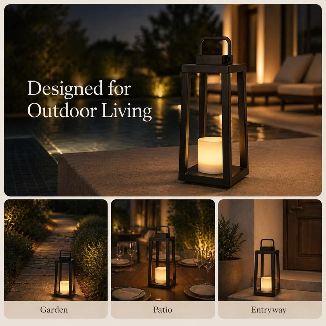 Alt view image 7 of 7 - H16 Modern Outdoor Solar Lantern Black Metal Frame Sconce with Flickering LED Candle, Waterproof & Portable for Patio, Deck or Pathway, Warm LED