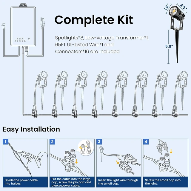 Alt view image 7 of 7 - 8-Pack Low Voltage Landscape Spot Lights with 60W Transformer & 65FT Wire