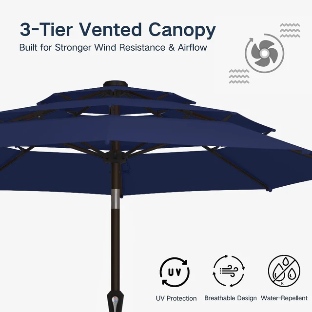Alt view image 2 of 7 - 10FT 3-Tier Patio Market Umbrella with Push Button Tilt & Crank UV Waterproof Outdoor Table Umbrella for Garden, Pool, Backyard, Deck, Lawn, Navy Blue