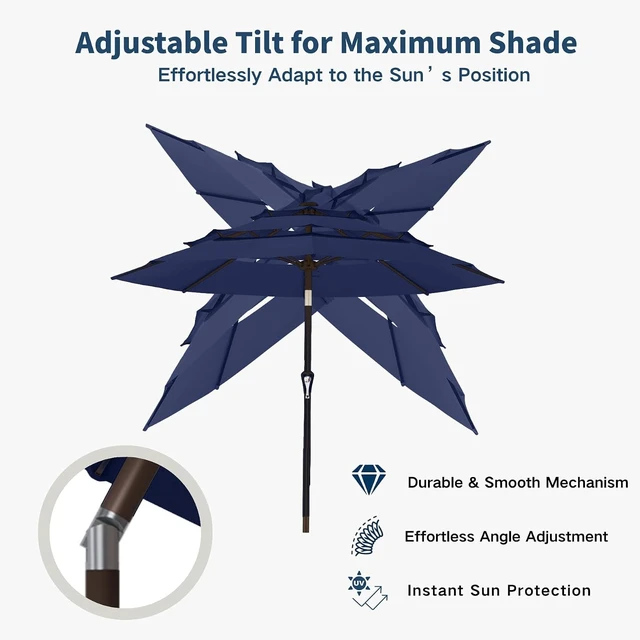 Alt view image 3 of 7 - 10FT 3-Tier Patio Market Umbrella with Push Button Tilt & Crank UV Waterproof Outdoor Table Umbrella for Garden, Pool, Backyard, Deck, Lawn, Navy Blue