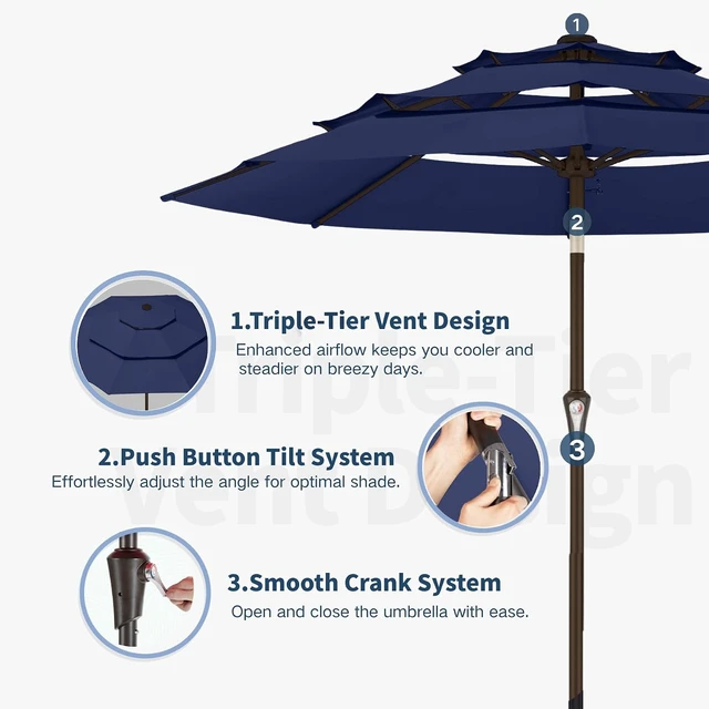 Alt view image 4 of 7 - 10FT 3-Tier Patio Market Umbrella with Push Button Tilt & Crank UV Waterproof Outdoor Table Umbrella for Garden, Pool, Backyard, Deck, Lawn, Navy Blue