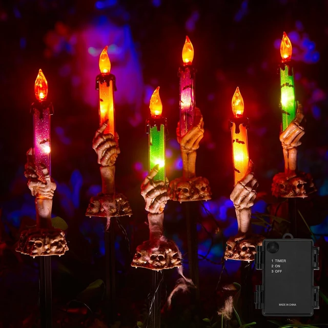 Main image of Halloween Skeleton Hands Lighted Candle Stakes, 2 x 6 Pack Waterproof Battery Operated Pathway Decor with Timer, Light Up for Tabletop Indoor Outdoor Party Lawn Yard Garden