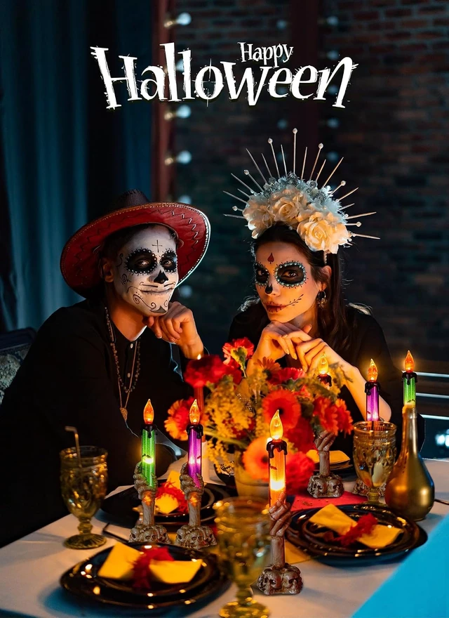 Alt view image 3 of 7 - Halloween Skeleton Hands Lighted Candle Stakes, 2 x 6 Pack Waterproof Battery Operated Pathway Decor with Timer, Light Up for Tabletop Indoor Outdoor Party Lawn Yard Garden