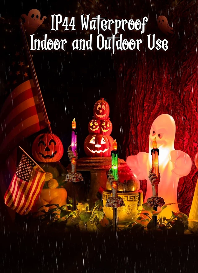 Alt view image 4 of 7 - Halloween Skeleton Hands Lighted Candle Stakes, 2 x 6 Pack Waterproof Battery Operated Pathway Decor with Timer, Light Up for Tabletop Indoor Outdoor Party Lawn Yard Garden