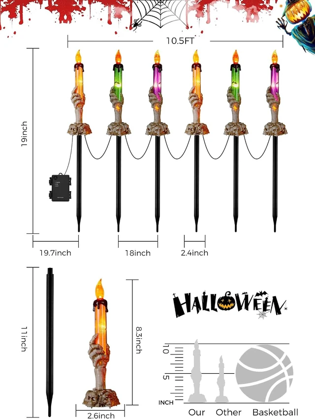 Alt view image 5 of 7 - Halloween Skeleton Hands Lighted Candle Stakes, 2 x 6 Pack Waterproof Battery Operated Pathway Decor with Timer, Light Up for Tabletop Indoor Outdoor Party Lawn Yard Garden