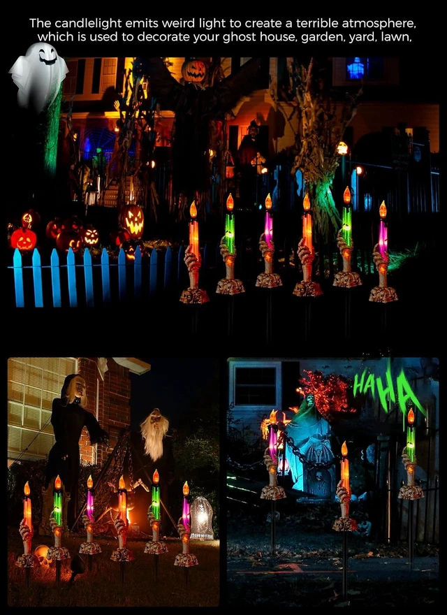 Alt view image 7 of 7 - Halloween Skeleton Hands Lighted Candle Stakes, 2 x 6 Pack Waterproof Battery Operated Pathway Decor with Timer, Light Up for Tabletop Indoor Outdoor Party Lawn Yard Garden