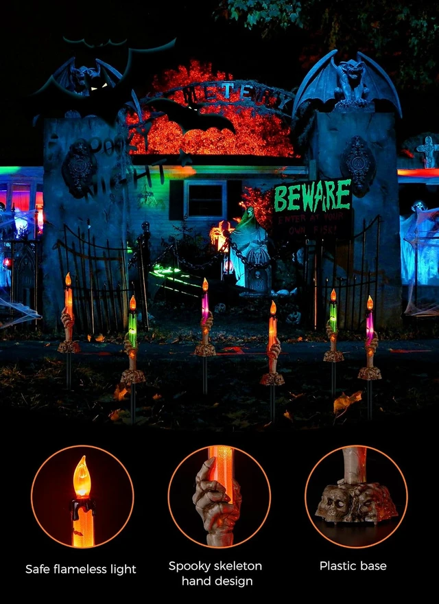 Alt view image 6 of 7 - Halloween Skeleton Hands Lighted Candle Stakes, 2 x 6 Pack Waterproof Battery Operated Pathway Decor with Timer, Light Up for Tabletop Indoor Outdoor Party Lawn Yard Garden