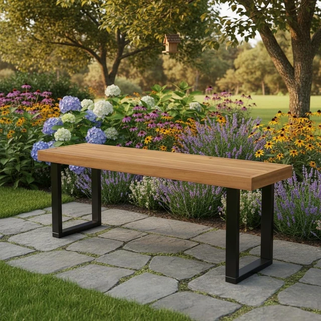 Alt view image 2 of 7 - 48" Acacia Wood Outdoor Bench Patio Dining Bench for 3