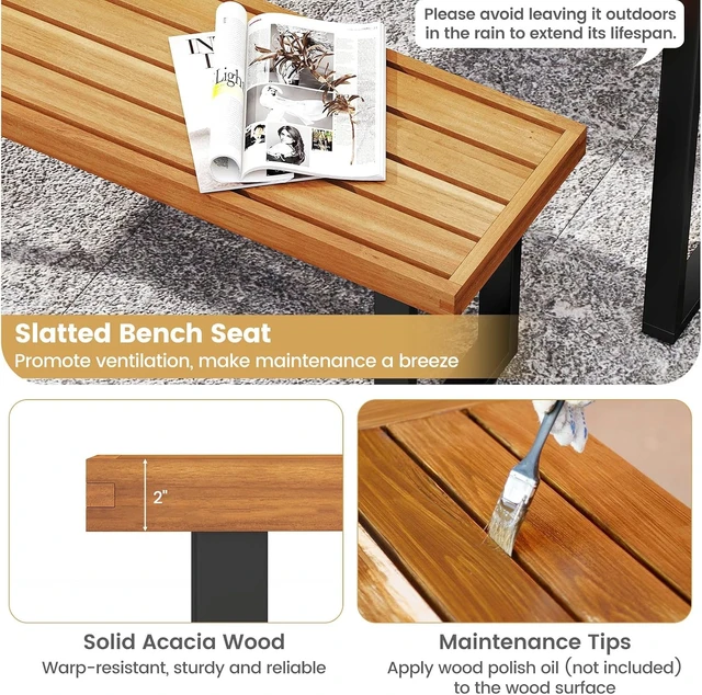 Alt view image 7 of 7 - 48" Acacia Wood Outdoor Bench Patio Dining Bench for 3