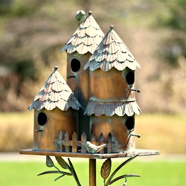 Alt view image 2 of 6 - Large Copper Multi-Birdhouse Stakes, Room for 4 Bird Families Each, ASIN: B09QHC67VL (Cylinders with Fence)