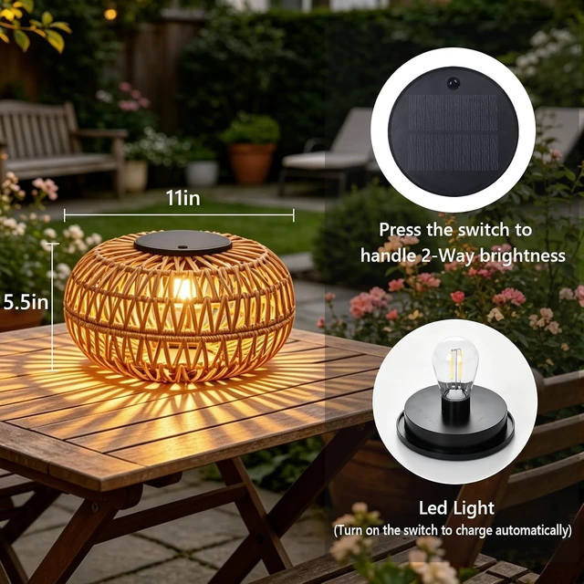 Alt view image 2 of 7 - 2 Pack Waterproof Outdoor Solar Lanterns 11" Rattan Solar Lights with 2 Brightness, Solar Powered Garden Table Decor