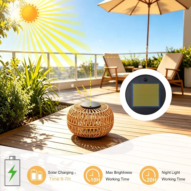 Alt view image 3 of 7 - 2 Pack Waterproof Outdoor Solar Lanterns 11" Rattan Solar Lights with 2 Brightness, Solar Powered Garden Table Decor