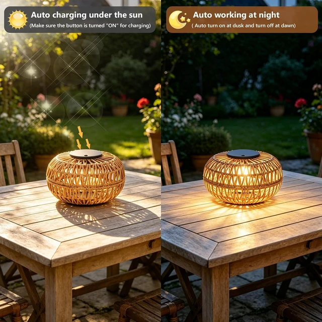 Alt view image 4 of 7 - 2 Pack Waterproof Outdoor Solar Lanterns 11" Rattan Solar Lights with 2 Brightness, Solar Powered Garden Table Decor